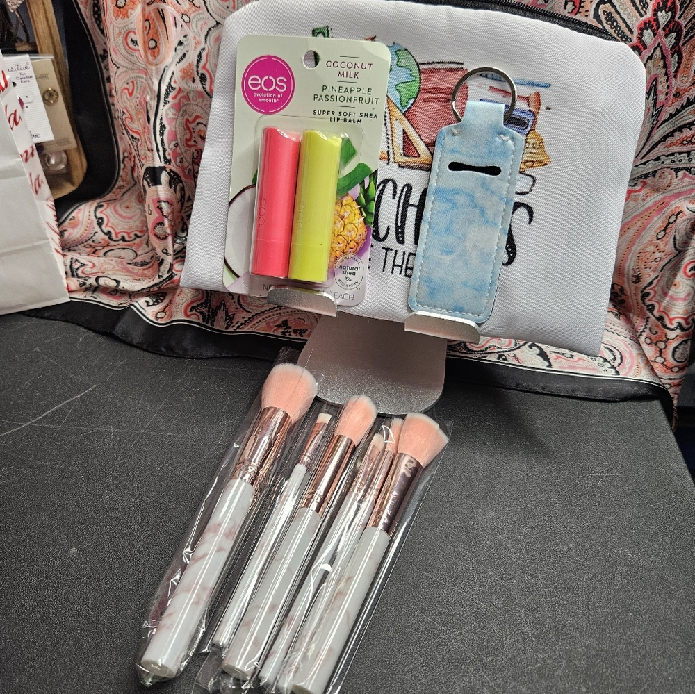 Women's Gift Bundle Makeup Bag 6 Makeup Brushes EOS Lip Balm Keychain Holder